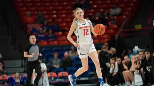 Mary Kay Naro dribbles the ball up the floor against Utah State (Feb. 18, 2023)