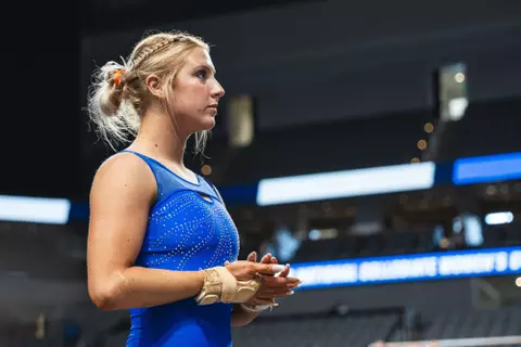 Courtney Blackson looks off into the distance during warm ups at NCAA Championships