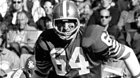Action picture of former BJC football player Dave Wilcox with the San Francisco 49ers