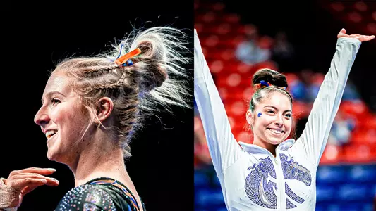 Courtney Blackson and Emily Lopez split photo. Up close of Blackson, Lopez standing with her arms up.