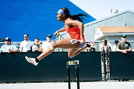 Nyenuchi Okemgbo competing in the 400m hurdles at the 2023 Beach Invitational.