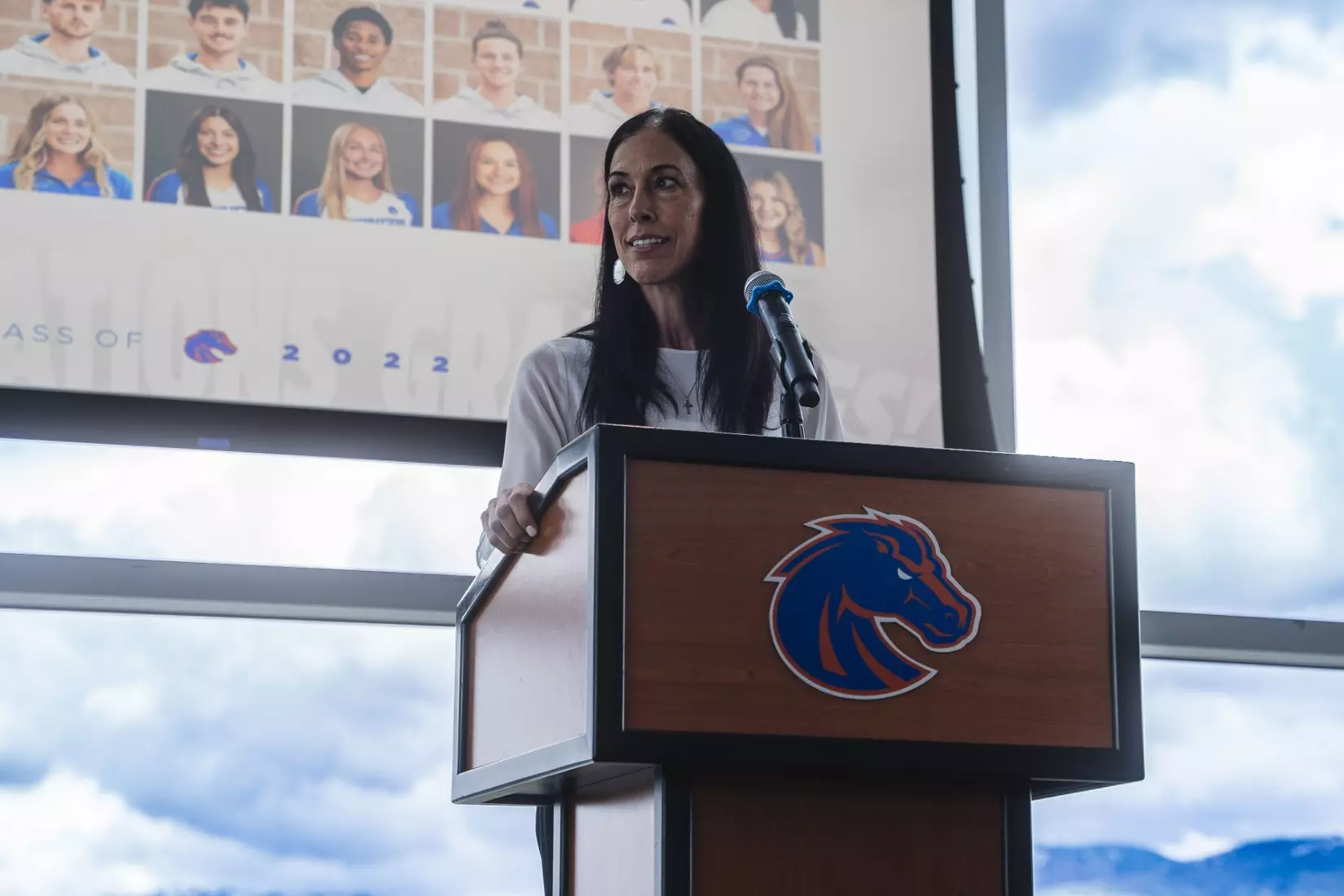 Senior Woman's Administrator Christina Van Tol speaks during the graduation social.