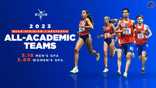 A graphic of a few of the athletes from both the men's and women's team running with the title "2023 USTFCCCA All-Academic Teams". States that the men's GPA was 3.18 and the women's was 3.60.