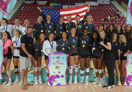 2023 MW All-Stars featuring Annie Kaminski and Breanna Mitchell with their teammates on the championship platform.