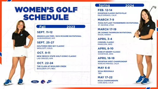 Graphic with dates for 2023-24 women's golf schedule