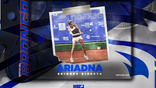 Graphic of Ariadna Briones Ginesta being announced as an Official Bronco while striking the ball