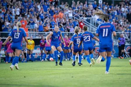 Women's Soccer team on the field at Boas Soccer Complex during match against BYU, Aug. 26, 2023.