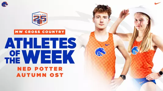 Autumn Ost and Ned Potter being announced as the Mountain West Cross Country Athletes of the Week
