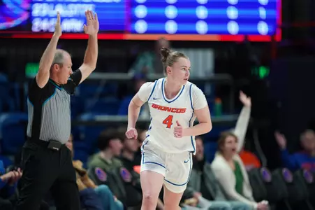 Dani Bayes runs back on defense after drilling a 3-pointer against Cal State Bakersfield