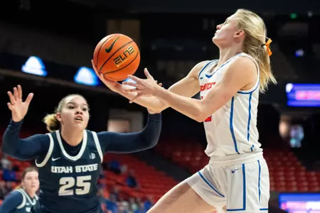 Mary Kay Naro attempts a layup against Utah State