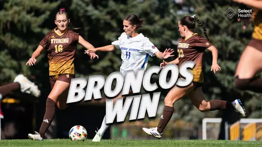 Broncos Win graphic featuring Morgan Padour protecting the ball from two defenders.