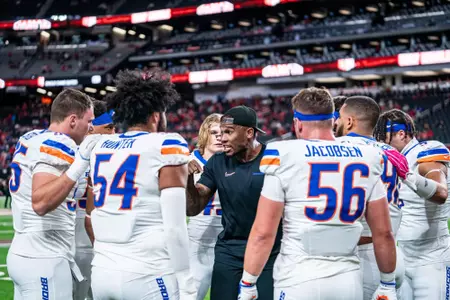 EDGE Coach Jabril Frazier coaches the defensive line during No.17 Boise State's 29-24 victory over UNLV on Oct. 25, 2024. Photo by Kenna Harbison.