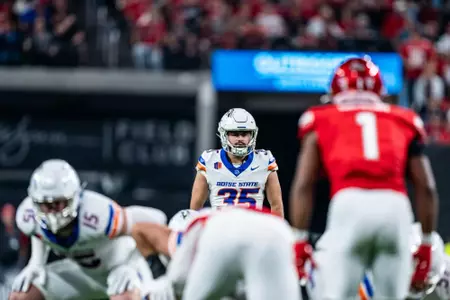 Jonah Dalmas lines up a kick during No.17 Boise State's 29-24 victory over UNLV on Oct. 25, 2024. Photo by Kenna Harbison.