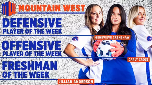 Mountain West Player of Week graphic featuring Carly Cross, Genevieve Crenshaw and Jillian Anderson.