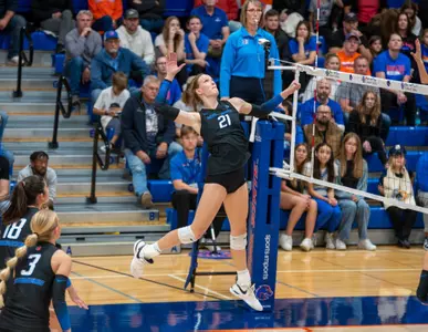 Paige Bartsch, pictured here attacking during the San Diego State match on October 24, 2024, led the Broncos with 16 kills versus Utah State on October 31.