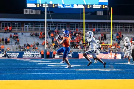 Austin Bolt makes a catch as as No. 21 Boise State defeated Utah State 62-30 in the conference opener at Albertsons Stadium on Oct. 5, 2024. (Photo by Kenna Harbison).