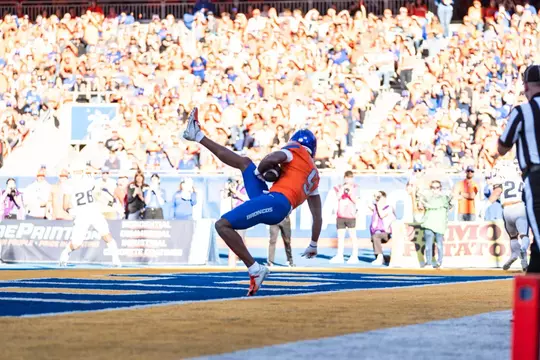 Cameron Camper makes a touchdown catch as No. 21 Boise State defeated Utah State 62-30 in the conference opener at Albertsons Stadium on Oct. 5, 2024. (Photo by Kenna Harbison).