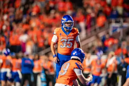 Jonah Dalmas prepares for a field goal attempt as No. 21 Boise State defeated Utah State 62-30 in the conference opener at Albertsons Stadium on Oct. 5, 2024. (Photo by Kenna Harbison).
