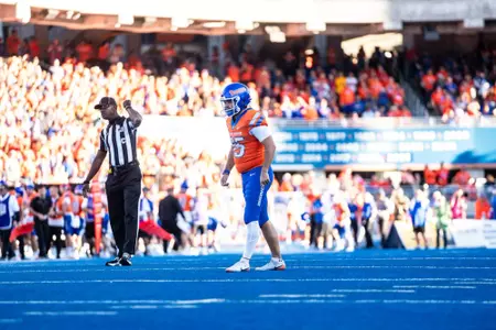 Jonah Dalmas prepares for a kick as No. 21 Boise State defeated Utah State 62-30 in the conference opener at Albertsons Stadium on Oct. 5, 2024. (Photo by Kenna Harbison).