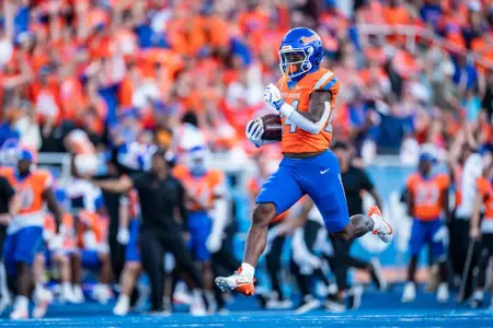 Dylan Riley returns a kickoff as No. 21 Boise State defeated Utah State 62-30 in the conference opener at Albertsons Stadium on Oct. 5, 2024. (Photo by Kenna Harbison).