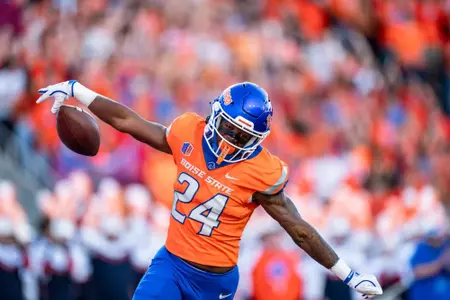 Dylan Riley celebrates following his kickoff return for a touchdown as No. 21 Boise State defeated Utah State 62-30 in the conference opener at Albertsons Stadium on Oct. 5, 2024. (Photo by Kenna Harbison).