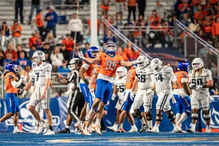 Max Stege celebrates as No. 21 Boise State defeated Utah State 62-30 in the conference opener at Albertsons Stadium on Oct. 5, 2024. (Photo by Kenna Harbison).