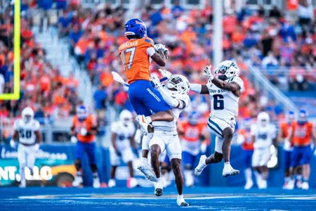 Prince Strachan makes a catch as No. 21 Boise State defeated Utah State 62-30 in the conference opener at Albertsons Stadium on Oct. 5, 2024. (Photo by Kenna Harbison).