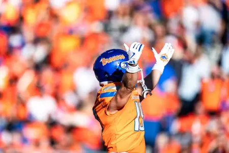 Troy Wilkey hypes up the crowd as No. 21 Boise State defeated Utah State 62-30 in the conference opener at Albertsons Stadium on Oct. 5, 2024. (Photo by Kenna Harbison).