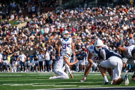 Boise State Football 2024 Game 1 vs Georgia Southern at Allen E. Paulson Stadium. Jonah Dalmas (35), James Ferguson-Reynolds (46). Photo by Kenna Harbison