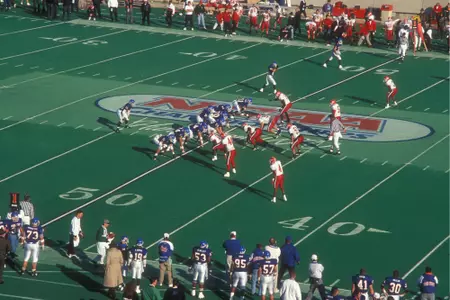 1994 I-AA Championship Boise State vs. Youngstown State aerial shot with both teams in formation.