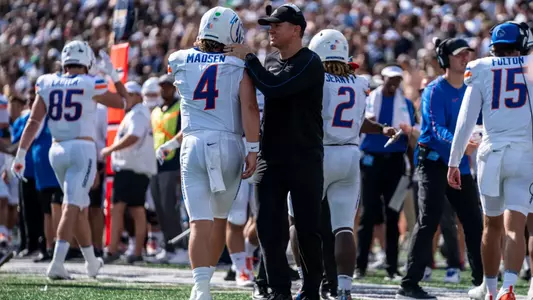 Boise State Football 2024 Game 1 vs Georgia Southern at Allen E. Paulson Stadium. Maddux Madsen (4), Spencer Danielson (Head Coach). Photo by Kenna Harbison