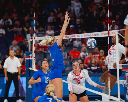 Reagan Casey blocks a shot at Arizona on August 30, 2024 in Tucson.