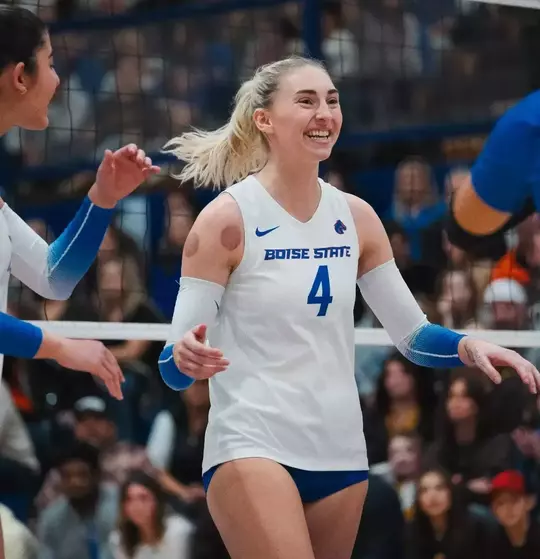 Reagan Casey celebrates a play during the Wyoming match in Boise on November 7, 2024.