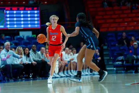 Mary Kay Naro brings the ball up the court against San Diego.