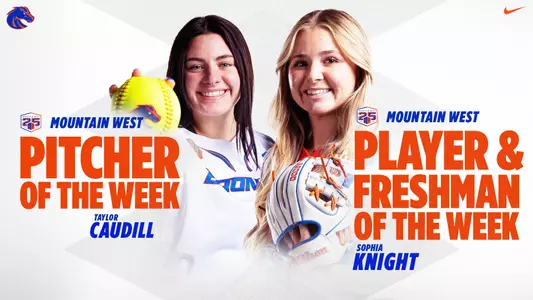 Graphic with pictures of Taylor Caudill and Sophia Knight highlighting their Mountain West Softball weekly awards, Feb. 12, 2024.