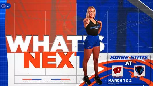 What's Next graphic featuring Ella Piron for the matches against March 1 and 2.