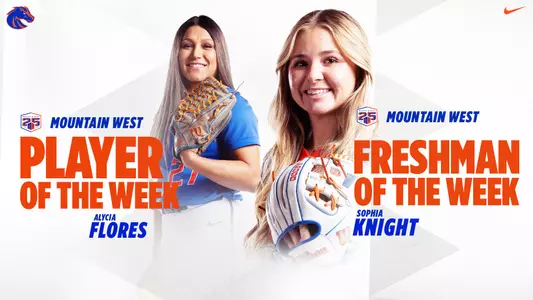 Graphic depicting Alycia Flores and Sophia Knight highlighting their Mountain West weekly awards.