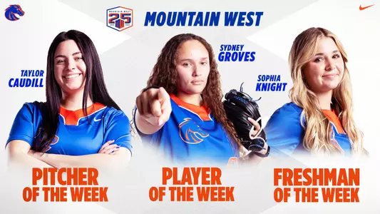 Graphic with Taylor Caudill, Sydney Groves and Sophia Knight winning weekly awards for softball, March 18, 2024.