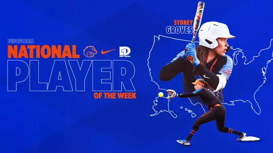 Graphic of Sydney Groves action shots highlighting D1Softball National Player of the Week award.
