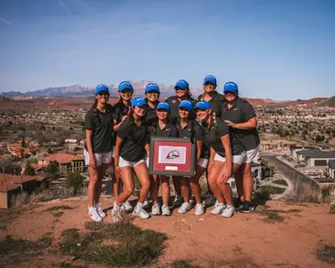 Boise State women's golf celebrating winning the 2024 Lady Thunderbird Invite