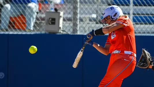 Leah McAnally swings at a pitch vs Santa Clara during 2024 season.
