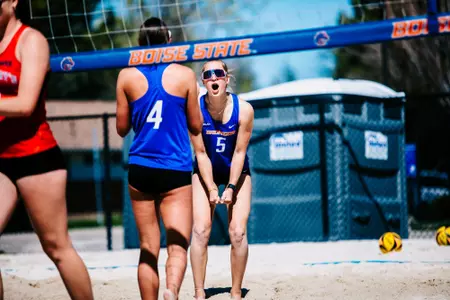 Sharli O'Neil celebrates a point at the Boise State Tri-Dual.