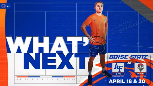 What's Next graphic for men's tennis' trip to Air Force and New Mexico.