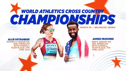 World Athletics Cross Country Championships graphic featuring Allie Ostrander and Ahmed Muhumed.