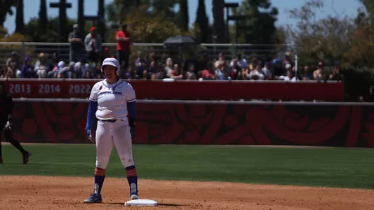 Karizma Bergsen stands at second base after a hit at San Diego State, April 7, 2024.