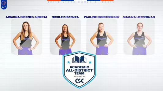 Women's Tennis CSC Academic All-District graphic featuring Ariadna Briones Ginesta, Nicole Discenza, Pauline Ernstberger and Shauna Heffernan.