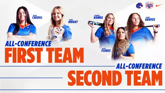 Graphic with head and shoulder pictures of five student-athletes named all-conference in softball.