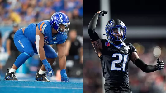 Ahmed Hassanein in defensive stance and A'Marion McCoy with arm raised in celebration