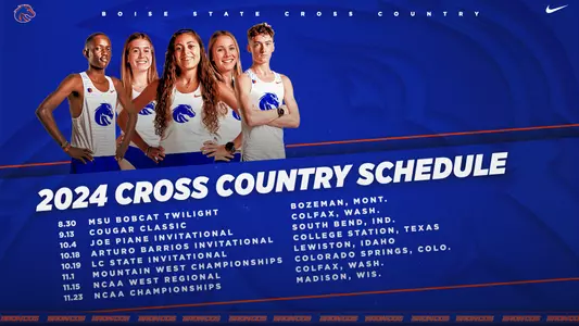 A graphic showing the 2024 cross country schedule. The first event is Friday, August 30, at the MSU Bobcat Twilight in Bozeman, Montana. The second event is Friday, September 13, at the Cougar Classic in Colfax, Washington. The third event is Friday, October 4, at the Joe Piane Invitational in South Bend, Indiana. The fourth event is Friday, October 18, at the Arturo Barrios Invitational in College Station, Texas. The fifth event is Saturday, October 19, at the LC State Invitational in Lewiston, Idaho. The sixth event is Friday, November 1, at the Mountain West Championships in Colorado Springs, Colorado. If they qualify, the NCAA West Regionals are set for Friday, November 15, in Colfax, Washington, and the NCAA Championships are set for Saturday, November 23, in Madison, Wisconsin.