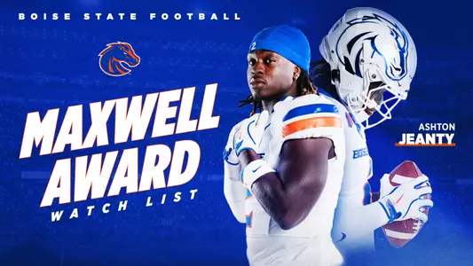 Ashton Jeanty Maxwell Award Watch List graphic - Jeanty in white jersey looking at camera and with white helmet looking at football